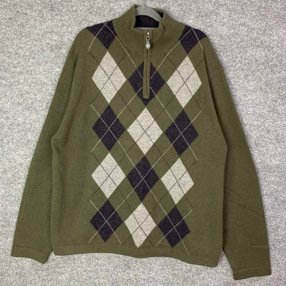 Paolo Mondo Green Argyle 1/4 Zip 100%‎ Cashmere Size XL